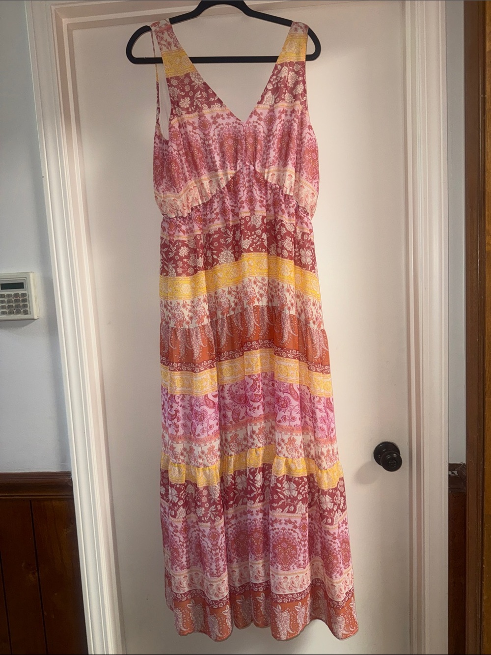 Maison Tara Pink & Yellow Printed Tiered Maxi Dress